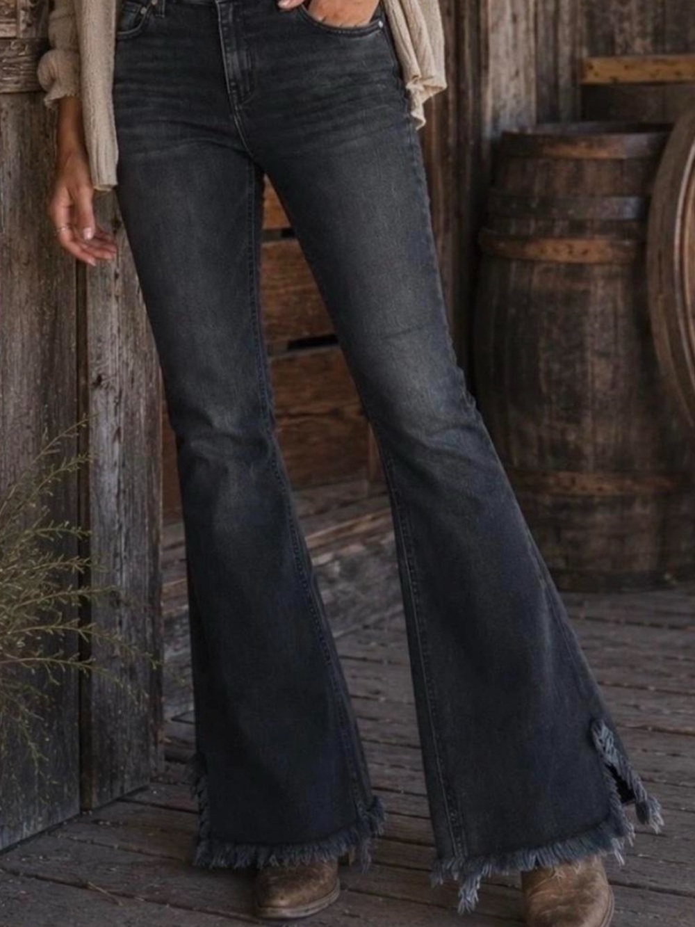 Free People Black High-Rise Flare Jeans with Frayed Hem